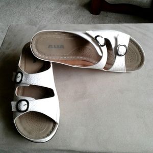 White pleather wedge sandals